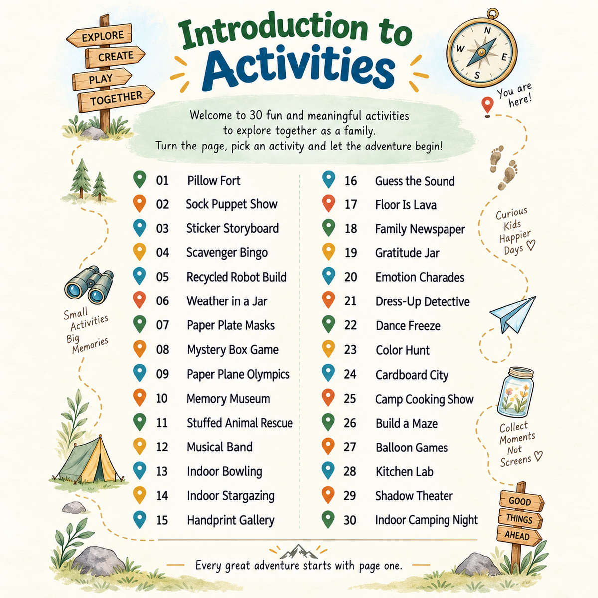 A colorful activity guide cover titled 'Introduction to Activities' with illustrated outdoor scenes, a list of 30 activity titles, and playful decorative elements on a white background.